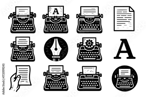 Vintage typewriter icons set with paper and hand holding document