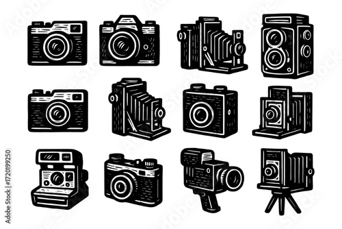 Vintage camera collection: hand drawn retro photography icons