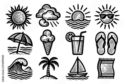 Hand drawn summer icons: beach, sun, and ocean elements with black outlines