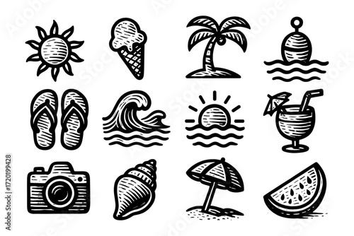 Vintage summer beach icons: travel, sun, and sea in retro style