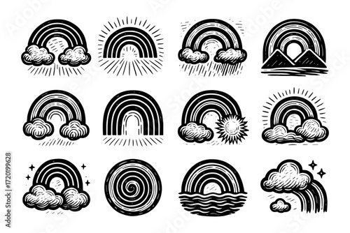 Hand drawn retro rainbow emblems with clouds, mountains, and sunburst variations
