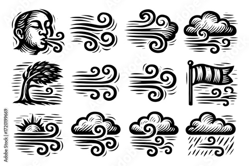 Retro style wind and storm elements with vintage woodcut design