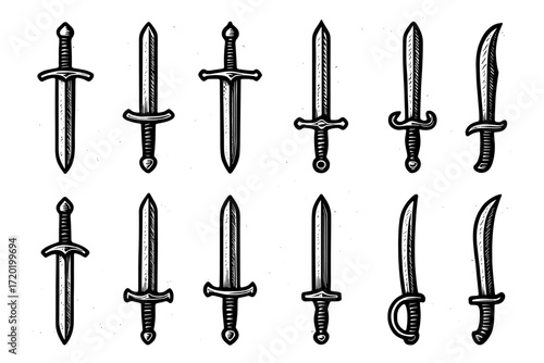 Vintage black and white sword collection in hand-drawn style