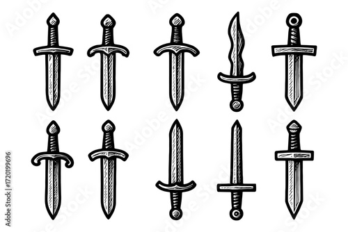 Hand drawn dagger and sword collection in black and white