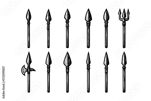 Hand drawn antique spear collection with diverse blade designs
