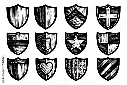 Hand-drawn vintage shield icons collection featuring various designs