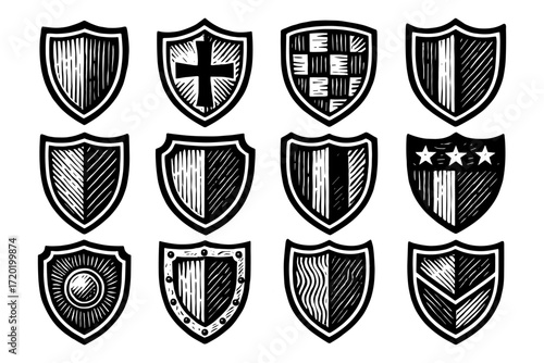 Vintage heraldic shields collection in black and white hand-drawn style