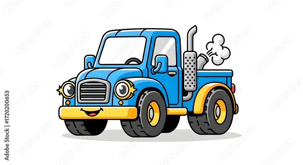 Fototapeta premium Smiling blue cartoon pickup truck with expressive eyes and steam, on a white background, symbolizing friendly transportation, delivery, or construction for kids’ books, games, and educational visuals.