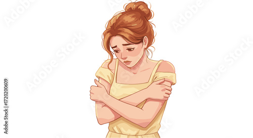 Sad Young Woman Hugging Herself Expressing Loneliness Grief Isolated Transparent Background
