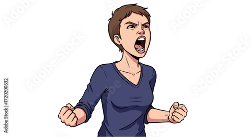 Angry woman shouting with clenched fists in frustration and rage isolated on transparent background