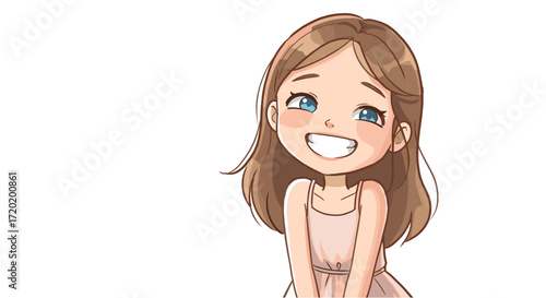 Joyful young girl with a wide happy smile in a simple dress isolated on transparent background
