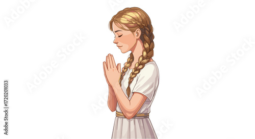 Young Woman Praying Devoutly Hopeful Peaceful Expression Isolated on Transparent Background