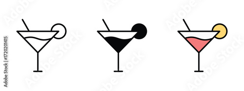 Set of pixel perfect colored Cocktail icon, 1 Silhouette, 1 Unexpanded, Cocktail icon showing colorful alcoholic drink glass.