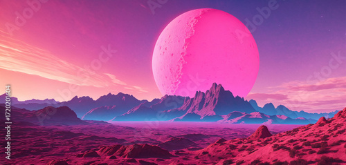 Surreal Pink Planet Landscape with Mountains at Sunset