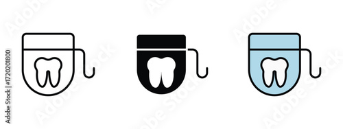 Set of pixel perfect colored Dental floss icon, 1 Silhouette, 1 Unexpanded, Dental floss icon representing oral hygiene product for cleaning teeth.