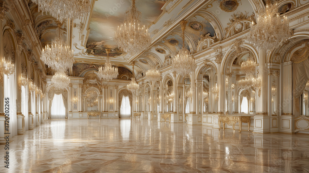 Obraz premium Ornate hallway with intricate carvings and reflective marble floor bathed in soft light