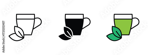 Set of pixel perfect colored green tea icon, 1 Silhouette, 1 Unexpanded, Hot beverage icon of a cup of green tea.