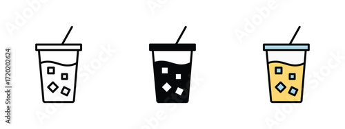Set of pixel perfect colored Iced Coffee icon, 1 Silhouette, 1 Unexpanded, Icon of a cold glass of iced coffee drink.