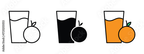 Set of pixel perfect colored orange juice icon, 1 Silhouette, 1 Unexpanded, Icon of a glass filled with fresh orange juice.