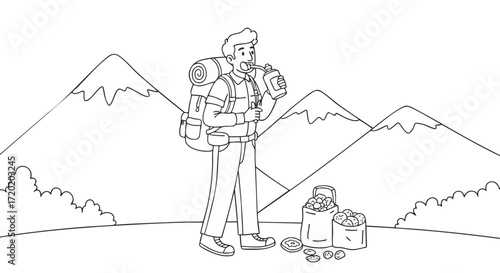 A triumphant hiker rests and drinks after discovering a pot of gold treasure at the end of a mountain trail, a vector line art concept