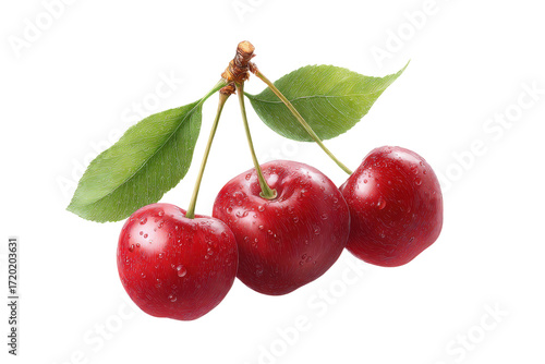 Wallpaper Mural Fresh red cherries with dew and green leaves on black background, cut out Torontodigital.ca