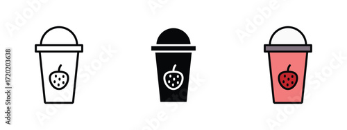 Set of pixel perfect colored starwberry shake icon, 1 Silhouette, 1 Unexpanded, Icon of a cold strawberry shake glass.