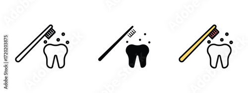 Set of pixel perfect colored Toothbrushing icon, 1 Silhouette, 1 Unexpanded, Symbol of toothbrushing with foam and brush.