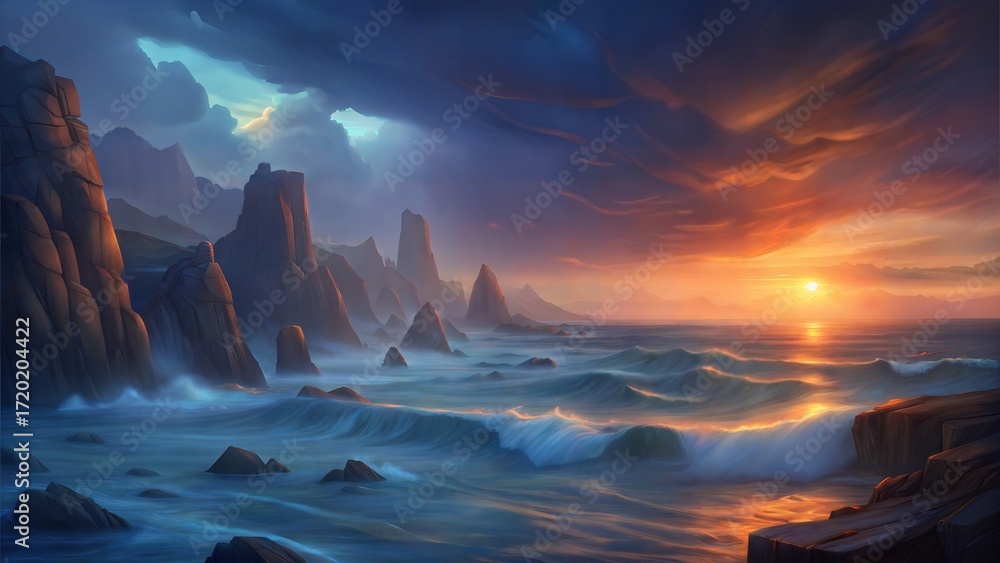 Naklejka premium Dramatic sunset over a stormy ocean with rugged cliffs