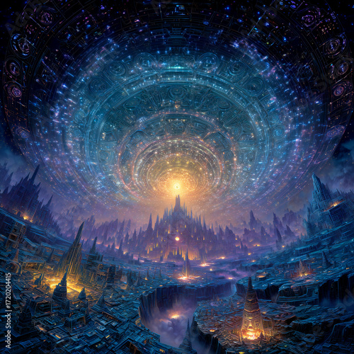 A mystical hadron collider on a massive scale, futuristic particle accelerator in the sky with mountainous surroundings.