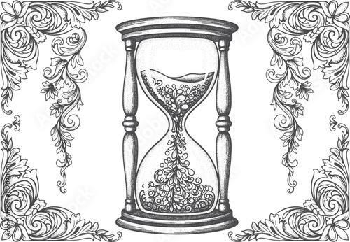 Hourglass with Ornate Corner Decoration Time's Passage and Elegant Flourishes