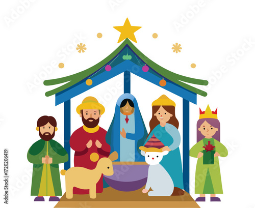 Nativity Scene Vector Illustration with Traditional Christmas Story Elements and Color Palette