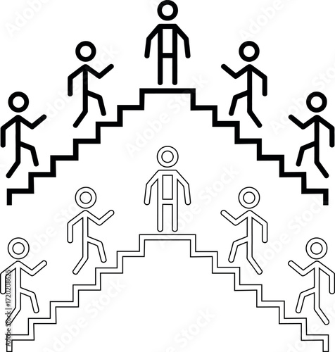 Ascending and descending stairs a competition concept with stick figures