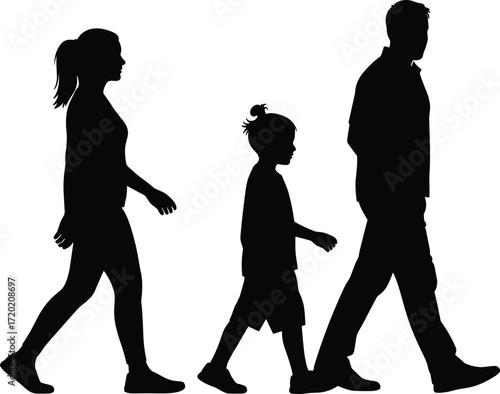 Silhouette of a family walking together, mother, father, and child in motion, happy family outing, vector illustration