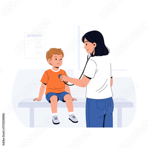 Pediatrician examining a young boy's chest with a stethoscope during a checkup.