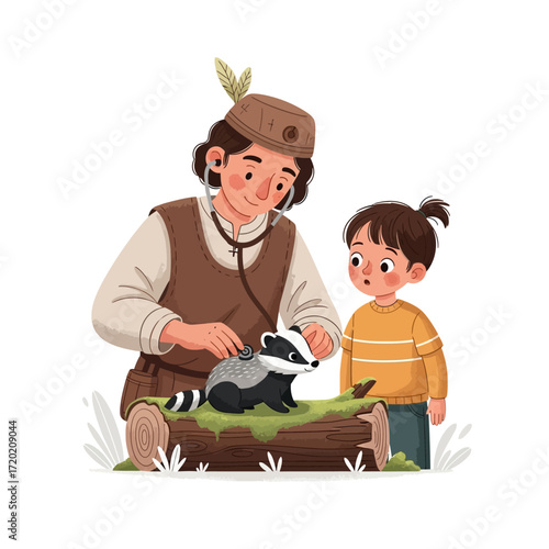 Cartoon illustration of a woman dressed as a vet examining a badger with a stethoscope, while a young child looks on with curiosity.