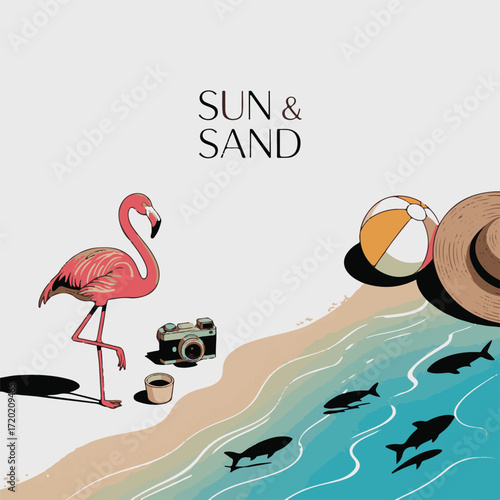 Sun and Sand Beach Poster with Flamingo