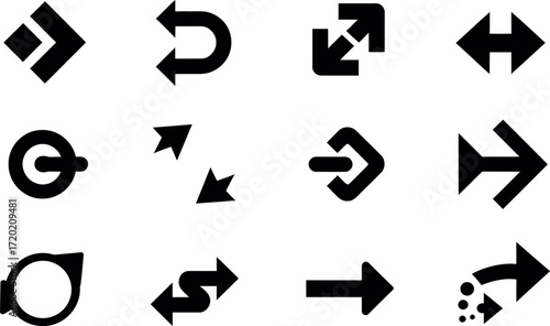 Collection of Black Arrow Icons in Various Directions on White Background