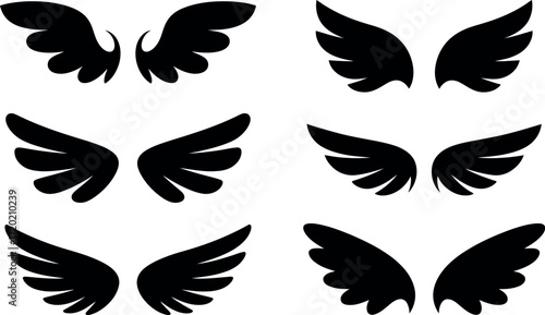 Collection of unique angel wings in black silhouette on white background