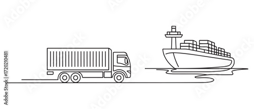 Single one line drawing of a trucks carrying goods arrive at the port. Shipping through the ocean. one line Icon drawing with white background