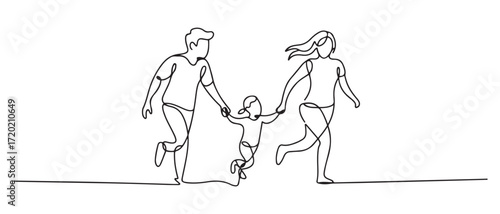 One continuous line drawing small family running while holding her child. Happy family concept. one line Icon drawing with white background