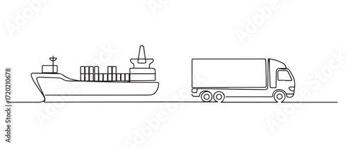 Single one line drawing of a trucks carrying goods arrive at the port. Shipping through the ocean. one line Icon drawing with white background