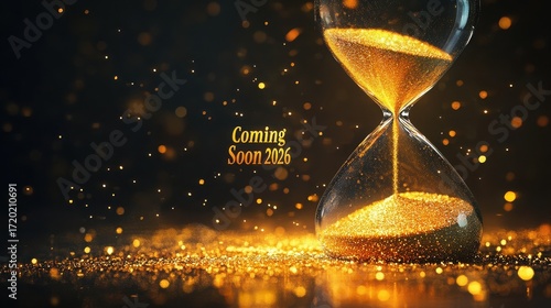 Golden sand hourglass with coming soon 2026 text on dark background