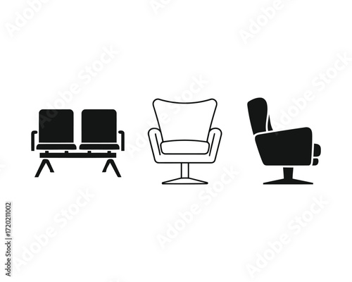 Three different chair silhouettes including a loveseat an armchair and a swivel chair in black and white