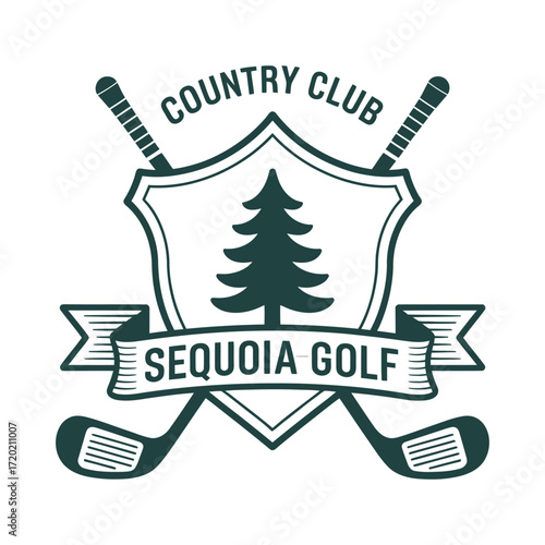 Professional golf club logo design with shield emblem, pine tree, crossed clubs, arched text, and banner for Sequoia Country Club on white and dark teal backgrounds