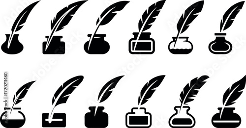 Feather Quill and Inkwell Icons Collection Writing and Literature Concept