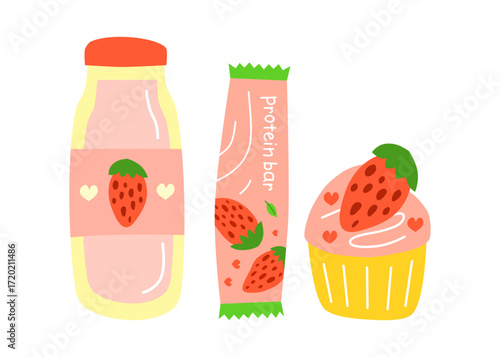 Cute hand drawn flat strawberry milk, protein bar and cupcake isolated on white background. Strawberry desserts.