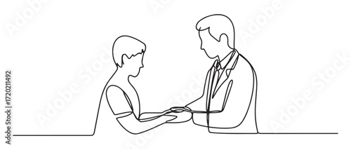 Single one line drawing The doctor holds a patient's hand to reassure the medical examination process. one line Icon drawing with white background