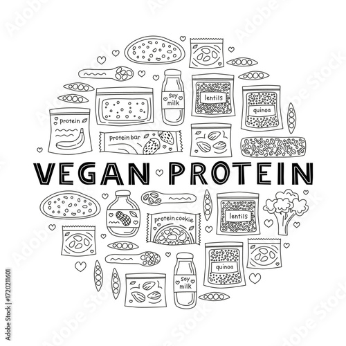 Cute hand drawn outline vegan high protein food sources composed in circle shape isolated on white background. Plant based healthy nutrition concept. Hand written lettering.