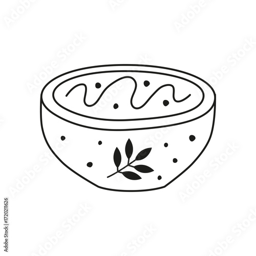 Cute hand drawn outline pumpkin creamy soup puree in bowl isolated on white background. Seasonal autumn food.