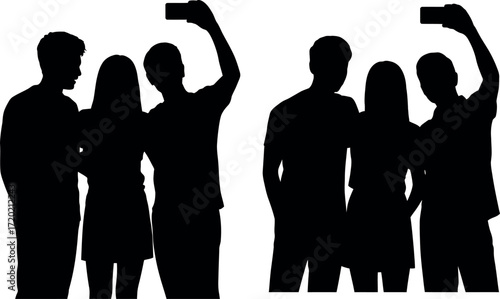 Group of Friends Posing for Selfie Silhouettes in Black and White